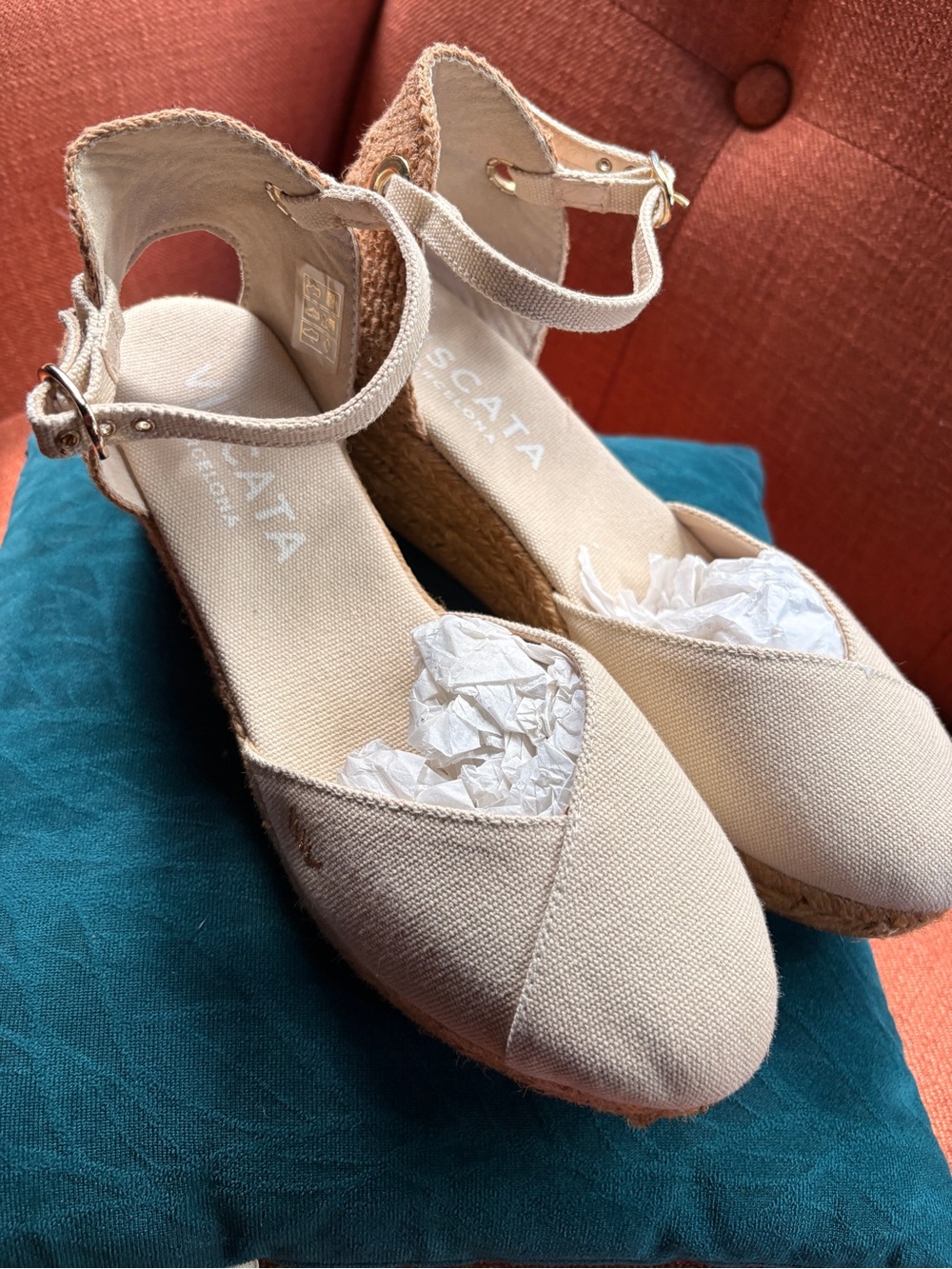 Woven Canvas Ankle-Strap Espadrille Wedges in Beige